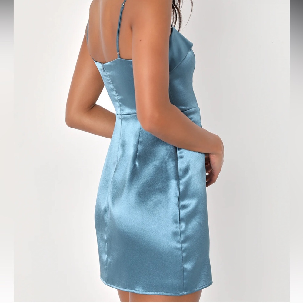 Lulus Dancefloor‎ Drama Slate Blue Satin Bodycon Mini Dress - Picture 3 of 9